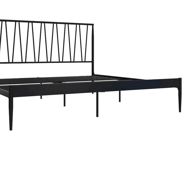 Cadre de lit métallique Queen Size, tête de lit à panneaux géométriques diagonaux, style moderne, noir, 2 personnes