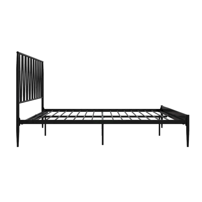 Cadre de lit métallique Queen Size, tête de lit à panneaux géométriques diagonaux, style moderne, noir, 2 personnes