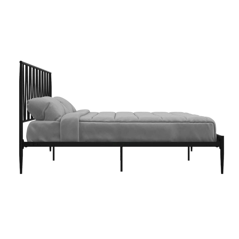 Cadre de lit métallique Queen Size, tête de lit à panneaux géométriques diagonaux, style moderne, noir, 2 personnes