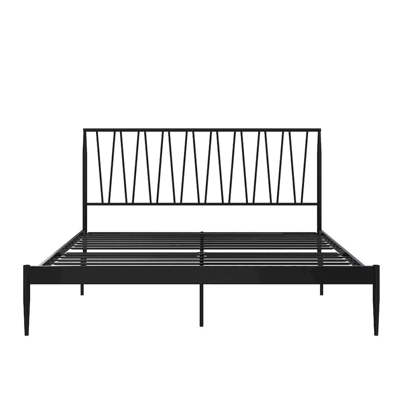Cadre de lit métallique Queen Size, tête de lit à panneaux géométriques diagonaux, style moderne, noir, 2 personnes