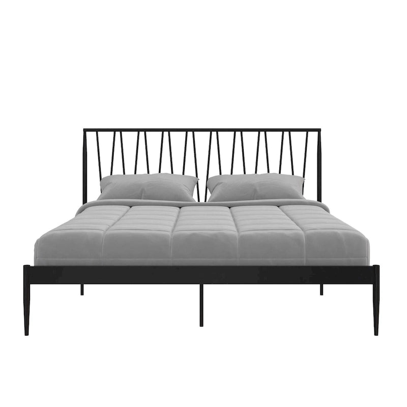 Cadre de lit métallique Queen Size, tête de lit à panneaux géométriques diagonaux, style moderne, noir, 2 personnes