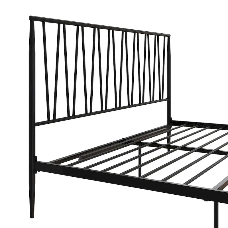 Cadre de lit métallique Queen Size, tête de lit à panneaux géométriques diagonaux, style moderne, noir, 2 personnes