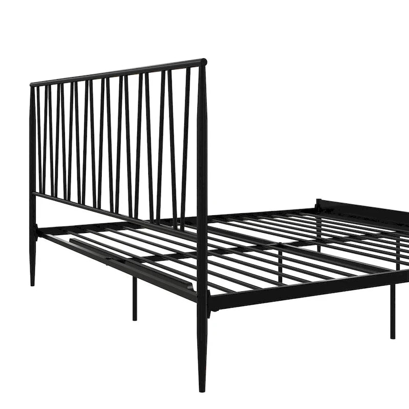 Cadre de lit métallique Queen Size, tête de lit à panneaux géométriques diagonaux, style moderne, noir, 2 personnes