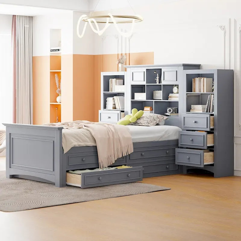 Lit plateforme une place, armoire intégrée, 6 tiroirs, 12 compartiments de rangement, style moderne, gris/blanc, 1 personne
