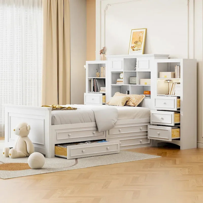 Lit plateforme une place, armoire intégrée, 6 tiroirs, 12 compartiments de rangement, style moderne, gris/blanc, 1 personne
