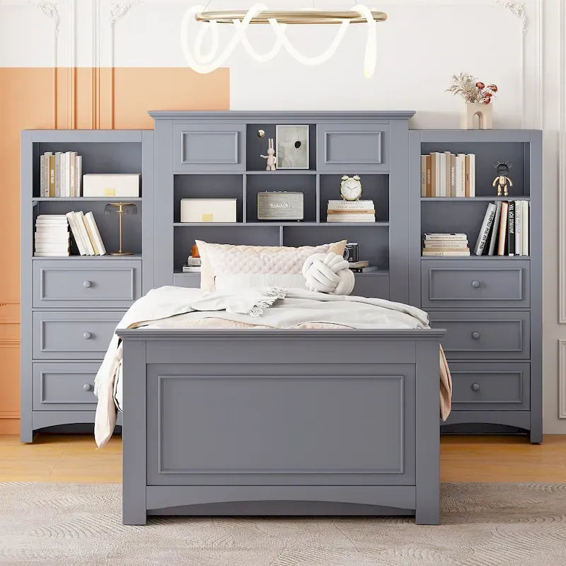 Lit plateforme une place, armoire intégrée, 6 tiroirs, 12 compartiments de rangement, style moderne, gris/blanc, 1 personne