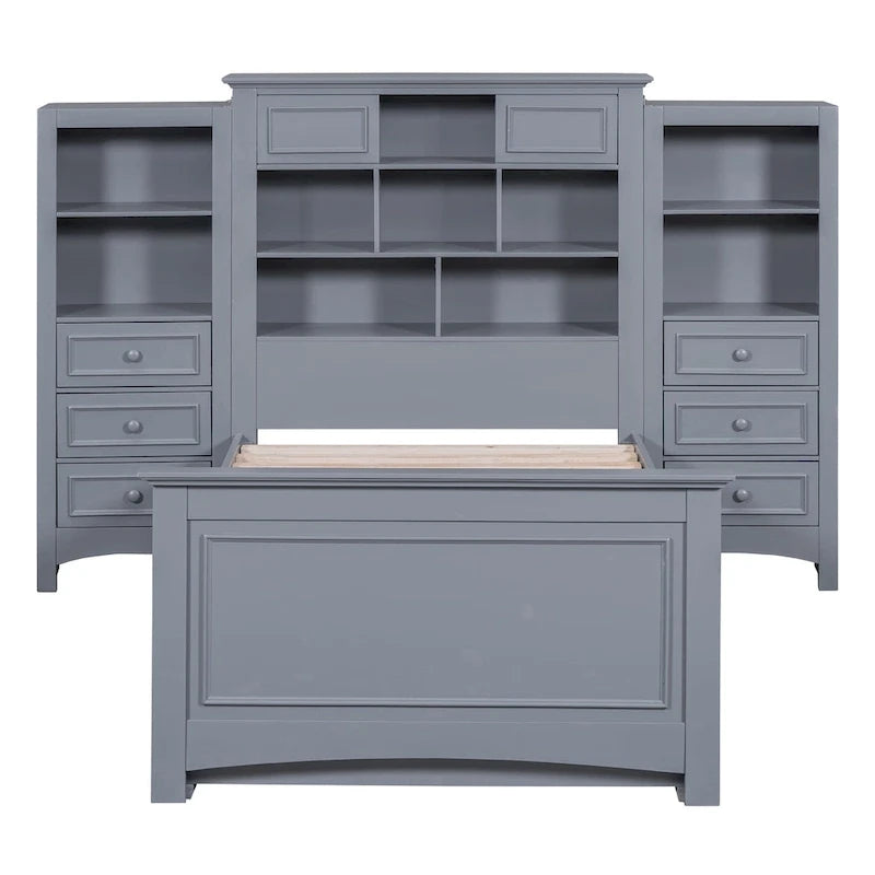 Lit plateforme une place, armoire intégrée, 6 tiroirs, 12 compartiments de rangement, style moderne, gris/blanc, 1 personne