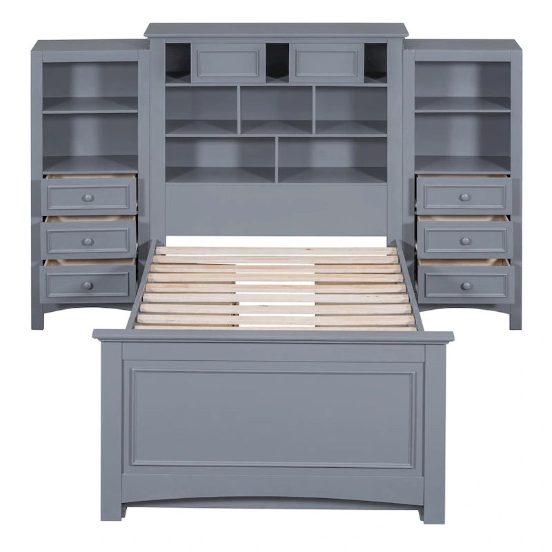 Lit plateforme une place, armoire intégrée, 6 tiroirs, 12 compartiments de rangement, style moderne, gris/blanc, 1 personne