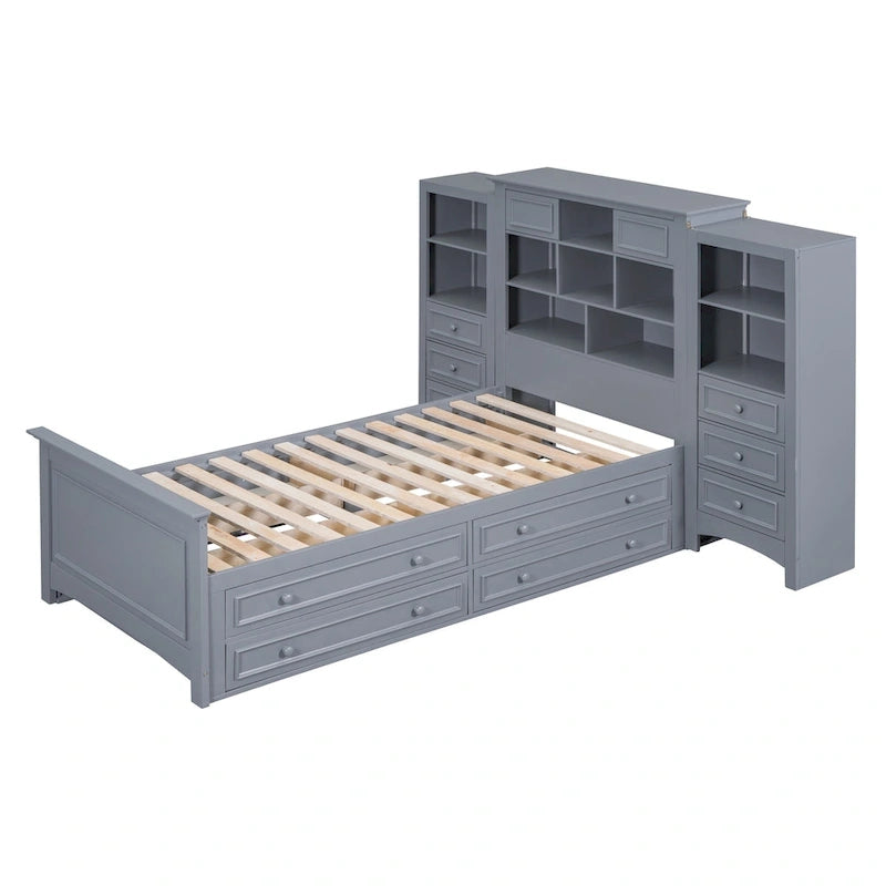 Lit plateforme une place, armoire intégrée, 6 tiroirs, 12 compartiments de rangement, style moderne, gris/blanc, 1 personne