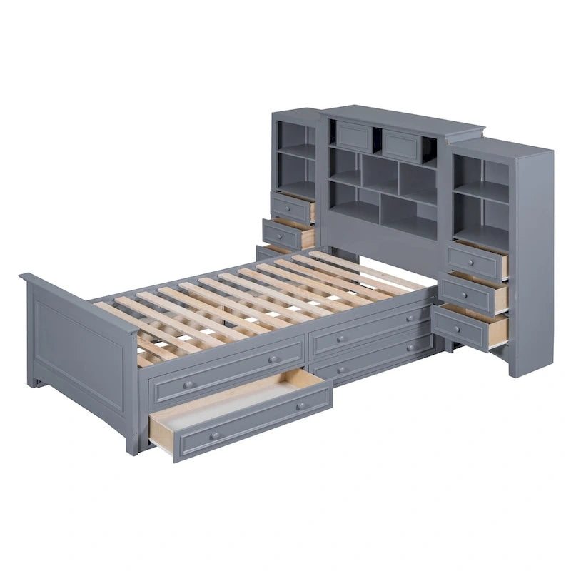 Lit plateforme une place, armoire intégrée, 6 tiroirs, 12 compartiments de rangement, style moderne, gris/blanc, 1 personne