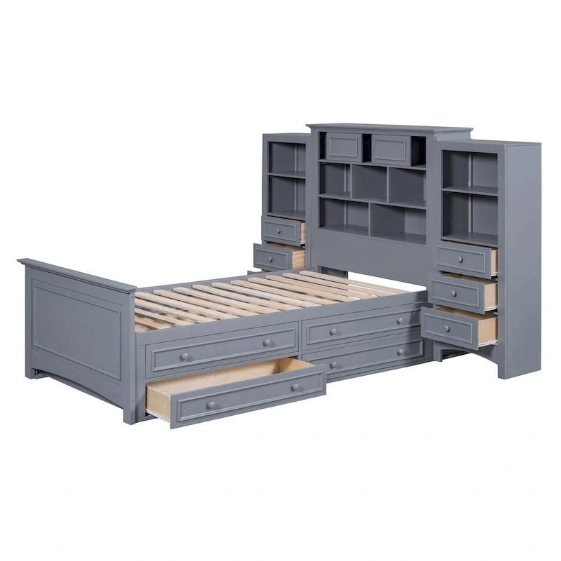 Lit plateforme une place, armoire intégrée, 6 tiroirs, 12 compartiments de rangement, style moderne, gris/blanc, 1 personne