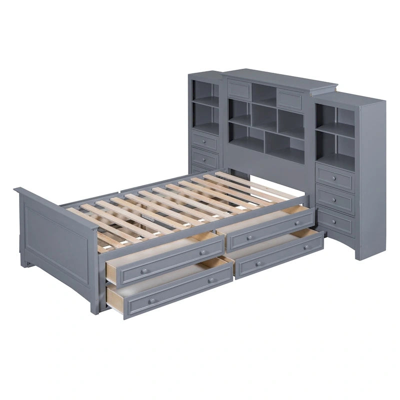 Lit plateforme une place, armoire intégrée, 6 tiroirs, 12 compartiments de rangement, style moderne, gris/blanc, 1 personne