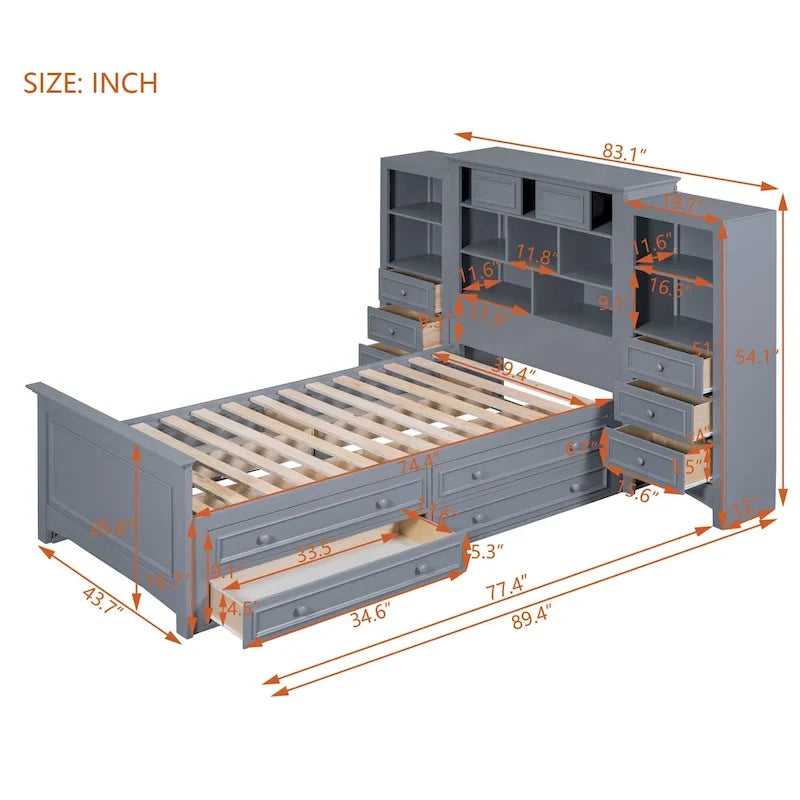 Lit plateforme une place, armoire intégrée, 6 tiroirs, 12 compartiments de rangement, style moderne, gris/blanc, 1 personne