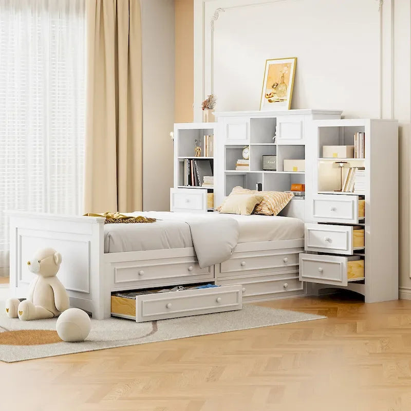 Lit plateforme une place, armoire intégrée, 6 tiroirs, 12 compartiments de rangement, style moderne, gris/blanc, 1 personne