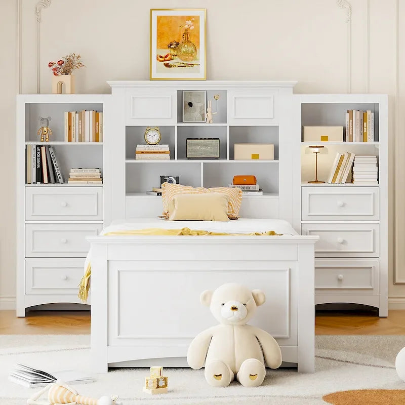 Lit plateforme une place, armoire intégrée, 6 tiroirs, 12 compartiments de rangement, style moderne, gris/blanc, 1 personne