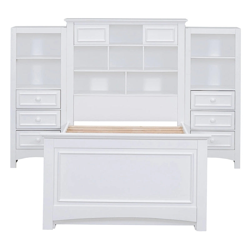 Lit plateforme une place, armoire intégrée, 6 tiroirs, 12 compartiments de rangement, style moderne, gris/blanc, 1 personne
