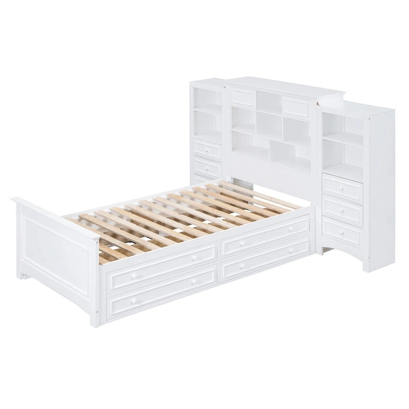 Lit plateforme une place, armoire intégrée, 6 tiroirs, 12 compartiments de rangement, style moderne, gris/blanc, 1 personne