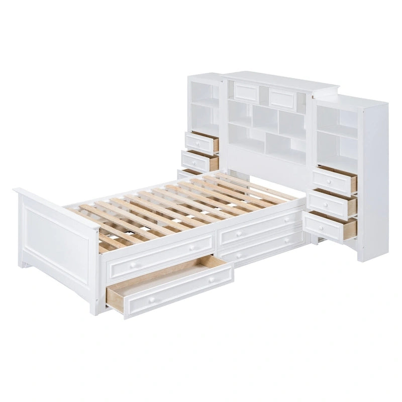 Lit plateforme une place, armoire intégrée, 6 tiroirs, 12 compartiments de rangement, style moderne, gris/blanc, 1 personne