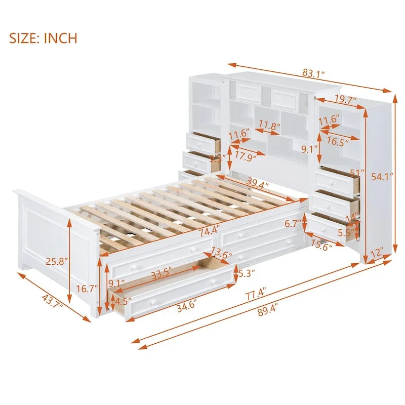 Lit plateforme une place, armoire intégrée, 6 tiroirs, 12 compartiments de rangement, style moderne, gris/blanc, 1 personne