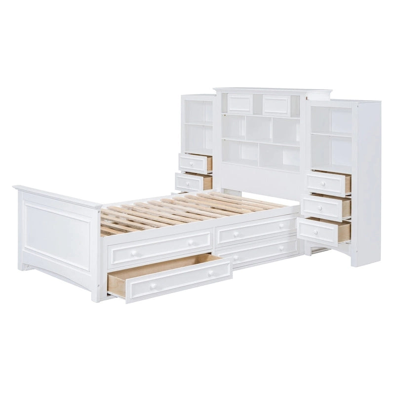 Lit plateforme une place, armoire intégrée, 6 tiroirs, 12 compartiments de rangement, style moderne, gris/blanc, 1 personne