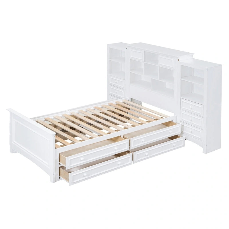 Lit plateforme une place, armoire intégrée, 6 tiroirs, 12 compartiments de rangement, style moderne, gris/blanc, 1 personne
