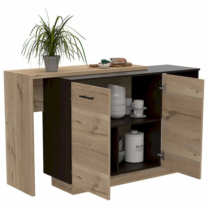 Îlot de cuisine portable avec bar, plateau en bois, 2 portes, 3 étagères intérieures, 2 étagères ouvertes, résistant aux rayures, style contemporain, Wengé Noir / Chêne Clair, 2-3 places