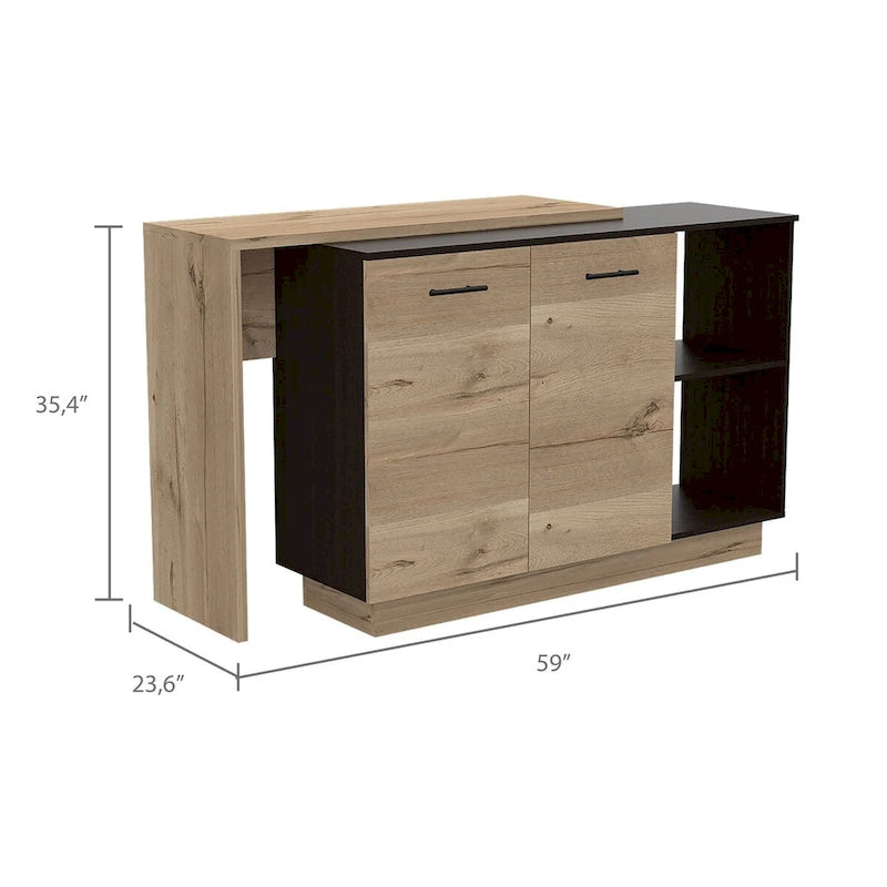 Îlot de cuisine portable avec bar, plateau en bois, 2 portes, 3 étagères intérieures, 2 étagères ouvertes, résistant aux rayures, style contemporain, Wengé Noir / Chêne Clair, 2-3 places
