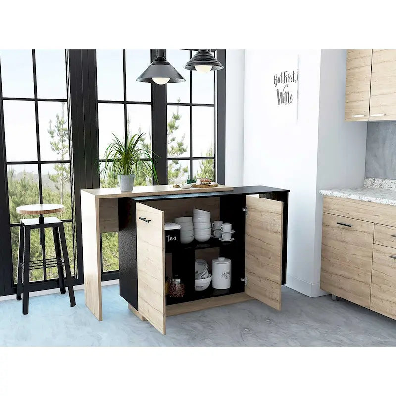 Îlot de cuisine portable avec bar, plateau en bois, 2 portes, 3 étagères intérieures, 2 étagères ouvertes, résistant aux rayures, style contemporain, Wengé Noir / Chêne Clair, 2-3 places