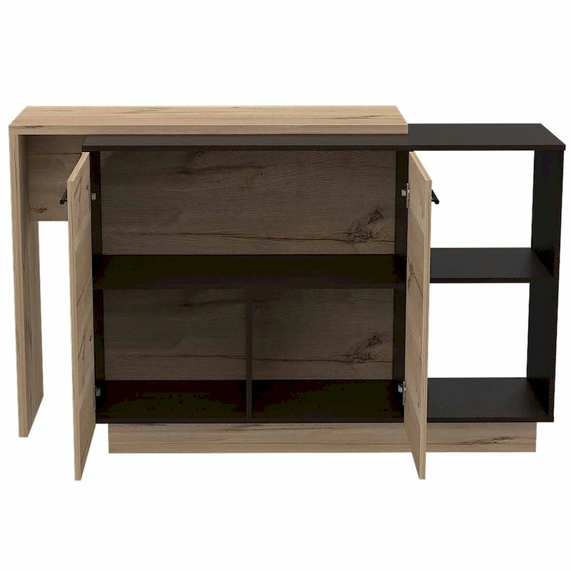 Îlot de cuisine portable avec bar, plateau en bois, 2 portes, 3 étagères intérieures, 2 étagères ouvertes, résistant aux rayures, style contemporain, Wengé Noir / Chêne Clair, 2-3 places
