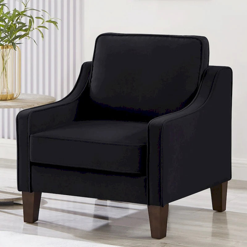 Fauteuil d'appoint en velours, accoudoir incurvé, pieds en bois, noir / bleu marine / taupe, 1 place
