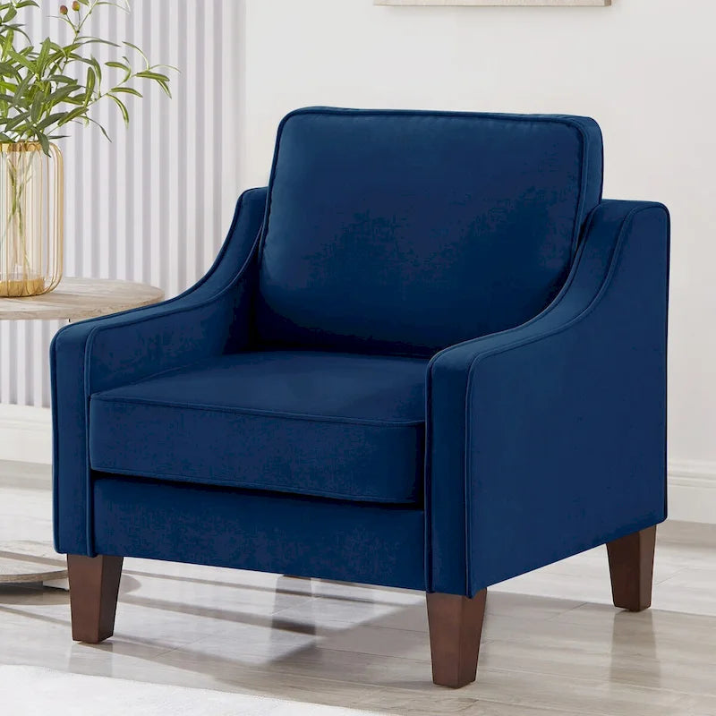 Fauteuil d'appoint en velours, accoudoir incurvé, pieds en bois, noir / bleu marine / taupe, 1 place