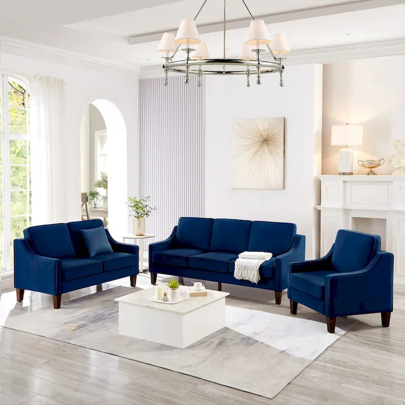 Fauteuil d'appoint en velours, accoudoir incurvé, pieds en bois, noir / bleu marine / taupe, 1 place