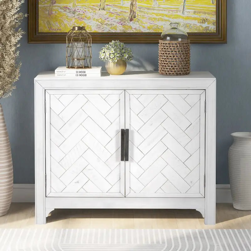 Meuble d'appoint, 2 portes, poignées antiques, 1 étagère réglable, pieds hauts, style vintage, gris antique / bleu antique / blanc antique, 1 unité