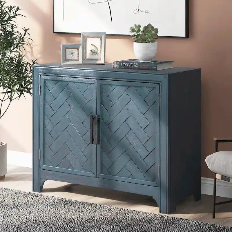 Meuble d'appoint, 2 portes, poignées antiques, 1 étagère réglable, pieds hauts, style vintage, gris antique / bleu antique / blanc antique, 1 unité