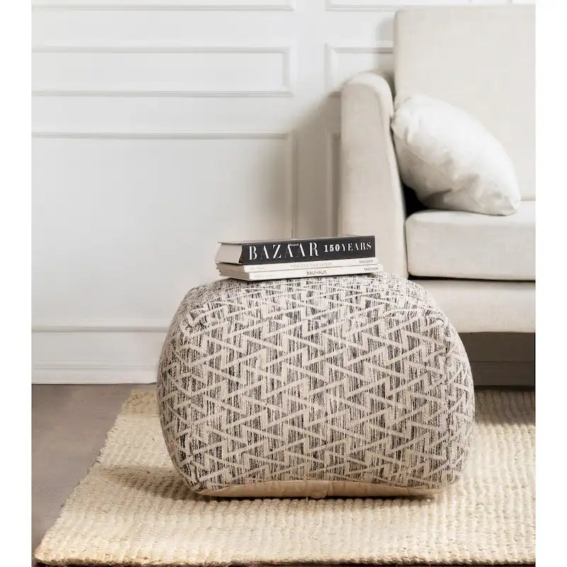 Pouf carré ottoman, 100 % coton, remplissage billes EPP, fait à la main, noir et ivoire, 1 unité