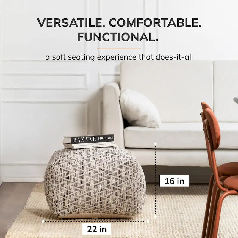 Pouf carré ottoman, 100 % coton, remplissage billes EPP, fait à la main, noir et ivoire, 1 unité