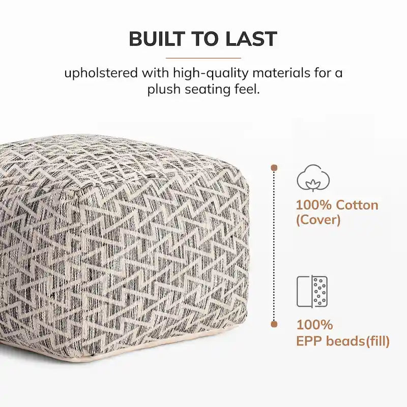 Pouf carré ottoman, 100 % coton, remplissage billes EPP, fait à la main, noir et ivoire, 1 unité