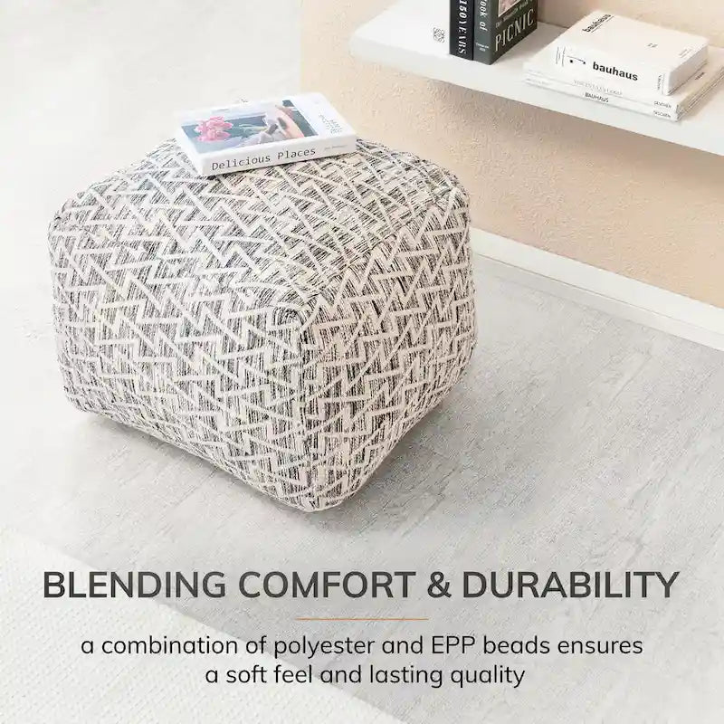 Pouf carré ottoman, 100 % coton, remplissage billes EPP, fait à la main, noir et ivoire, 1 unité