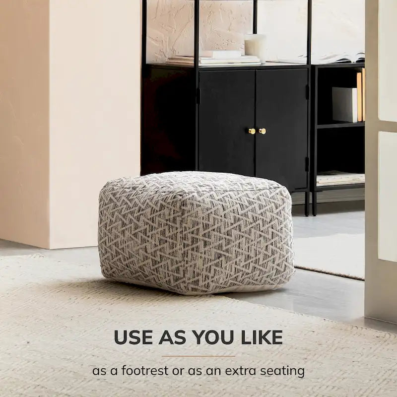 Pouf carré ottoman, 100 % coton, remplissage billes EPP, fait à la main, noir et ivoire, 1 unité