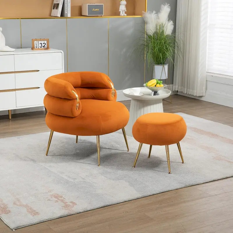 Fauteuil d'appoint en velours avec pouf, capitonné, pieds en métal doré, orange / gris / beige / vert / rouge bordeaux, 1 personne
