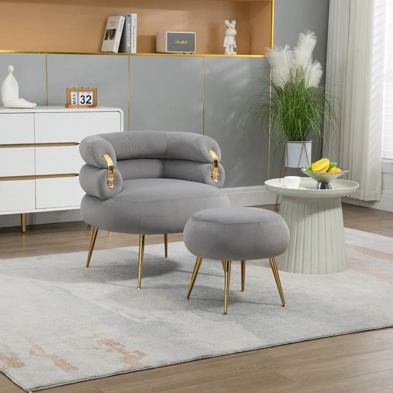 Fauteuil d'appoint en velours avec pouf, capitonné, pieds en métal doré, orange / gris / beige / vert / rouge bordeaux, 1 personne
