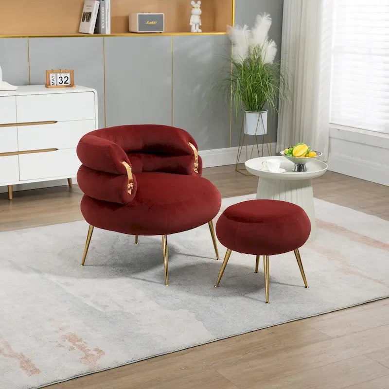 Fauteuil d'appoint en velours avec pouf, capitonné, pieds en métal doré, orange / gris / beige / vert / rouge bordeaux, 1 personne