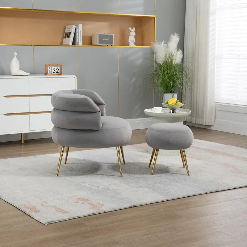 Fauteuil d'appoint en velours avec pouf, capitonné, pieds en métal doré, orange / gris / beige / vert / rouge bordeaux, 1 personne
