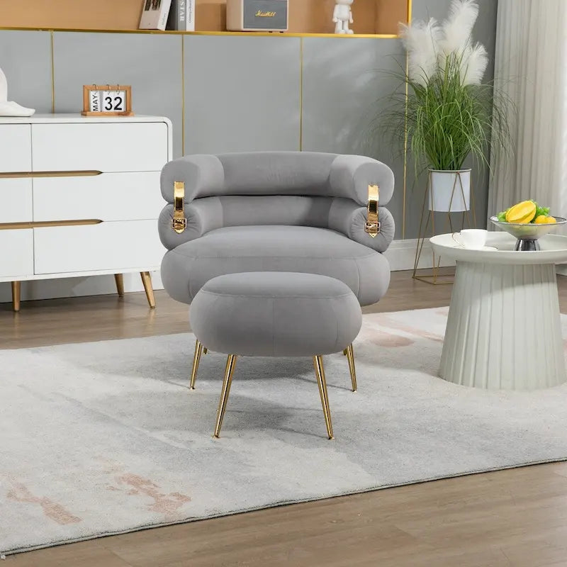 Fauteuil d'appoint en velours avec pouf, capitonné, pieds en métal doré, orange / gris / beige / vert / rouge bordeaux, 1 personne