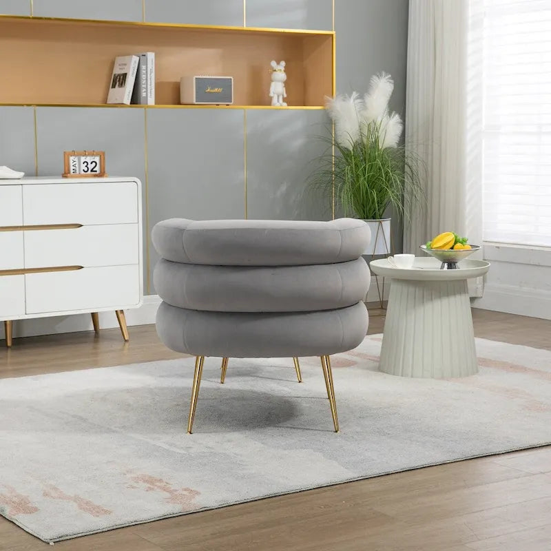 Fauteuil d'appoint en velours avec pouf, capitonné, pieds en métal doré, orange / gris / beige / vert / rouge bordeaux, 1 personne
