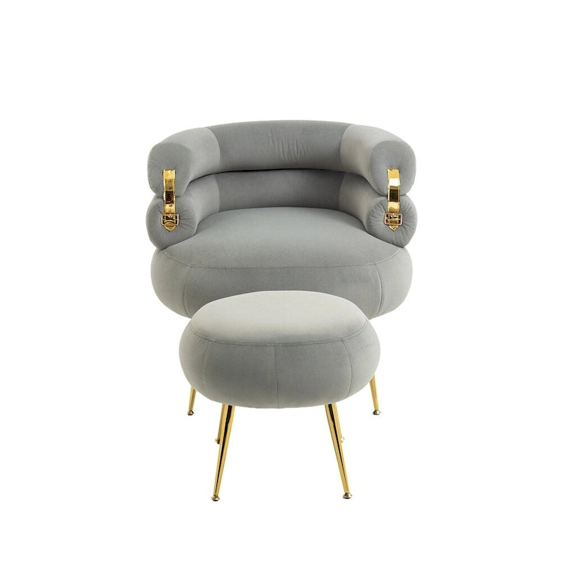 Fauteuil d'appoint en velours avec pouf, capitonné, pieds en métal doré, orange / gris / beige / vert / rouge bordeaux, 1 personne