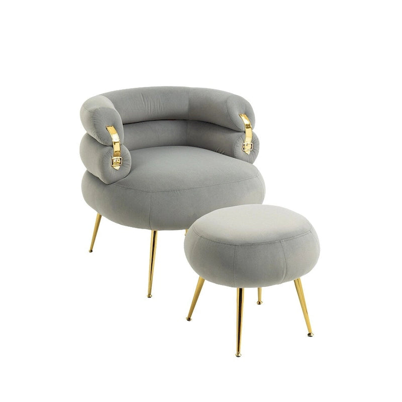 Fauteuil d'appoint en velours avec pouf, capitonné, pieds en métal doré, orange / gris / beige / vert / rouge bordeaux, 1 personne