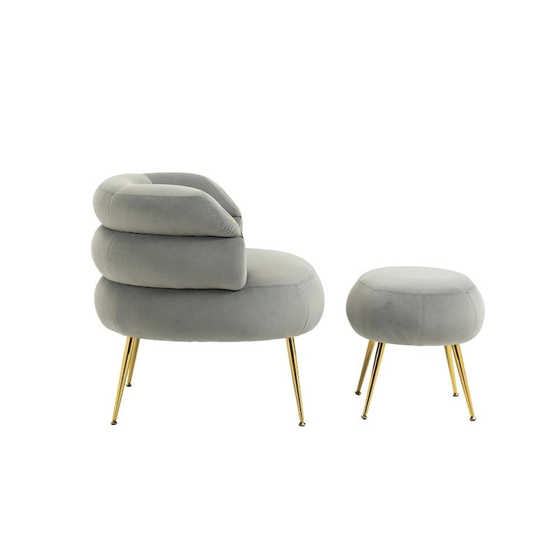 Fauteuil d'appoint en velours avec pouf, capitonné, pieds en métal doré, orange / gris / beige / vert / rouge bordeaux, 1 personne