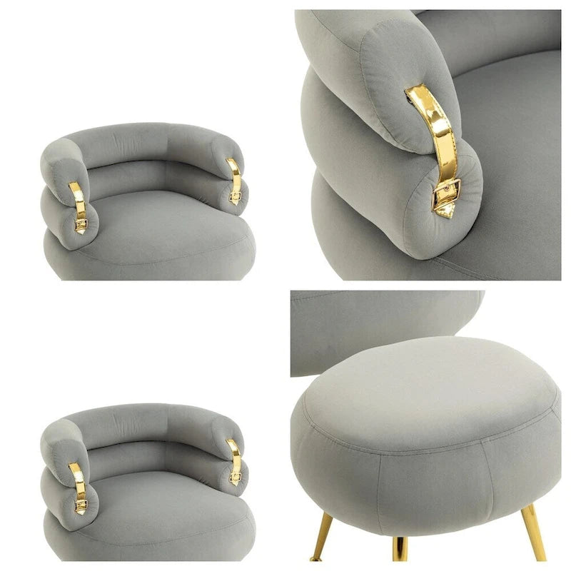 Fauteuil d'appoint en velours avec pouf, capitonné, pieds en métal doré, orange / gris / beige / vert / rouge bordeaux, 1 personne