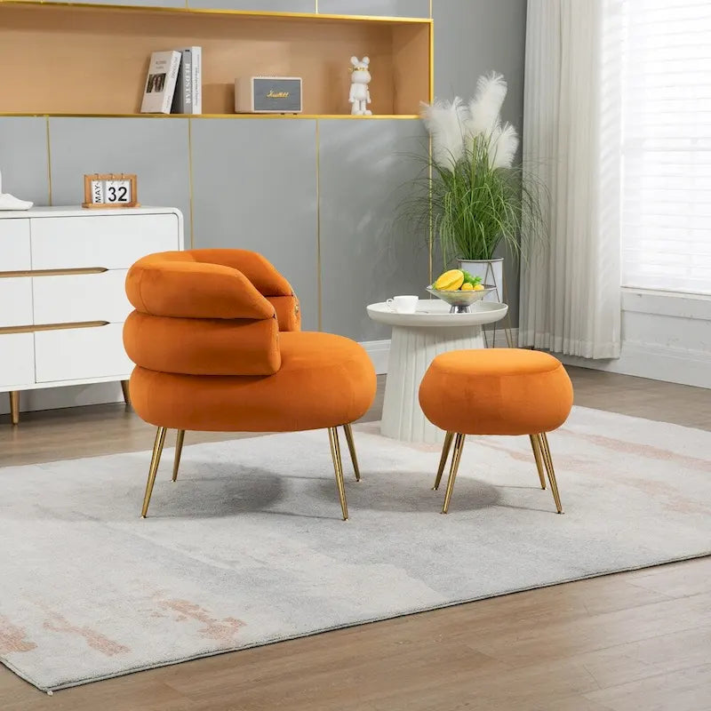 Fauteuil d'appoint en velours avec pouf, capitonné, pieds en métal doré, orange / gris / beige / vert / rouge bordeaux, 1 personne